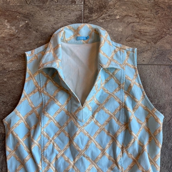 J. McLaughlin‎ Women's Sleeveless Blue Bamboo Lattice Print Collared Dress EUC M - Picture 2 of 9